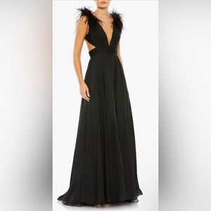 Mac Duggal Black Plunge Ostrich Feather A Line Gown